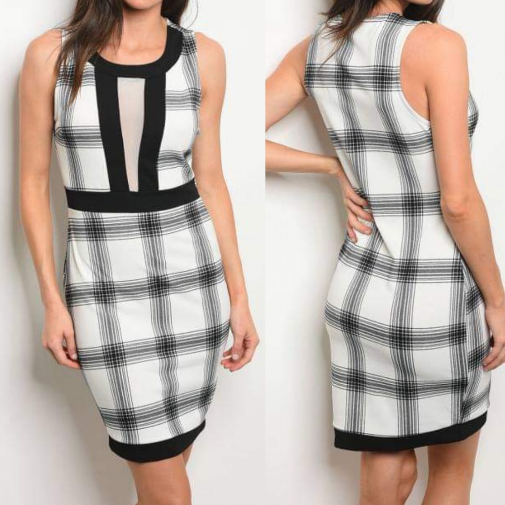 Checkmate Mesh Plunge Plaid Dress (WHITE)